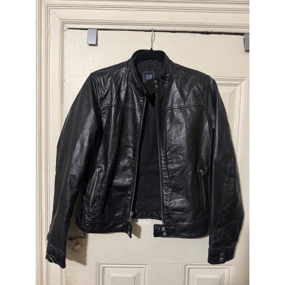 Vintage 2006 GAP Genuine Cow Leather Moto Jacket Women M Black Stand Collar